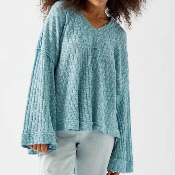 Free People Tops - Free People Baja Babe Hacci Top Oversized Bell Sleeve Hooded Sweatshirt Blue XL